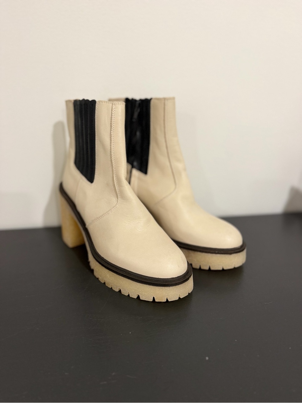 Free People Cream Leather Lug Sole Chelsea Boots
